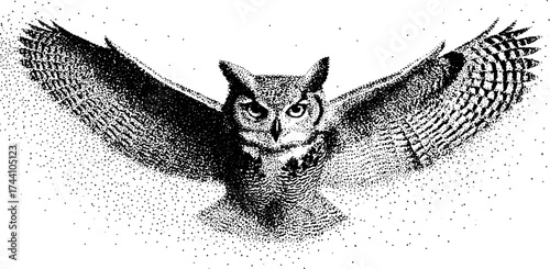 Detailed stipple dotwork illustration of an owl with wings spread