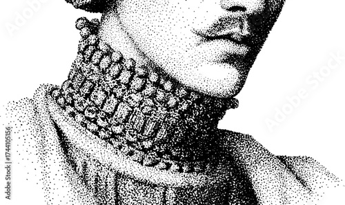 Intricate dotwork stippling illustration of an underworld ruler portrait