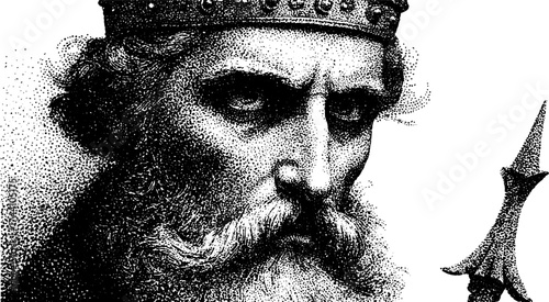 Detailed dotwork stippling portrait of a regal underworld ruler with crown and sword