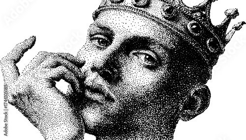 Intricate stipple art of a crowned sovereign in dotwork – detailed engraving design