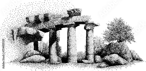 Intricate dotwork stippling of ancient ruins with columns and trees