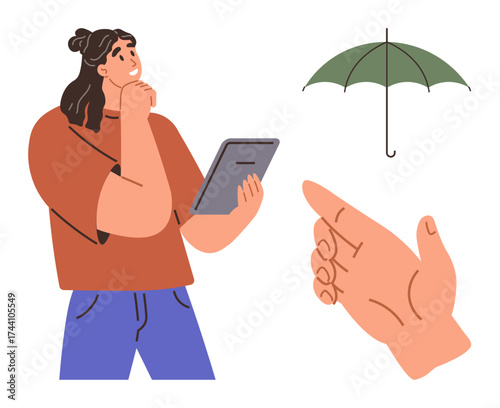 Woman with a tablet thinking, hand pointing toward umbrella model. Ideal for decision-making, choice, problem-solving, options, brainstorming, creativity planning. A simple flat metaphor