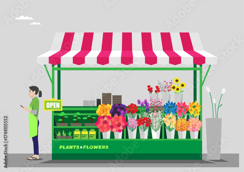 Flower Shop with Female Vendor Selling Plants and Flowers