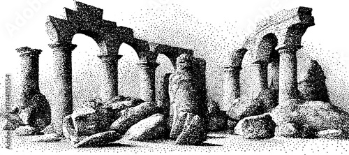 Ancient ruins dotwork illustration for historical design and artistic projects