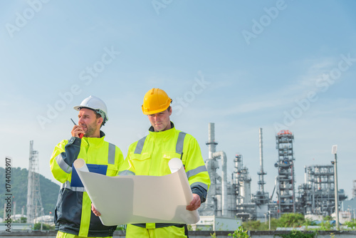 Construction workers review blueprints outdoors, showcasing teamwork and collaboration in vibrant industrial setting. Their safety gear highlights importance of safety in workplace