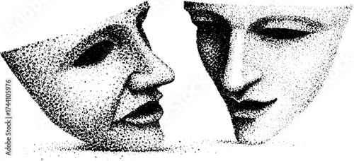 Detailed dotwork stippling illustration of antique theatre masks for art and design