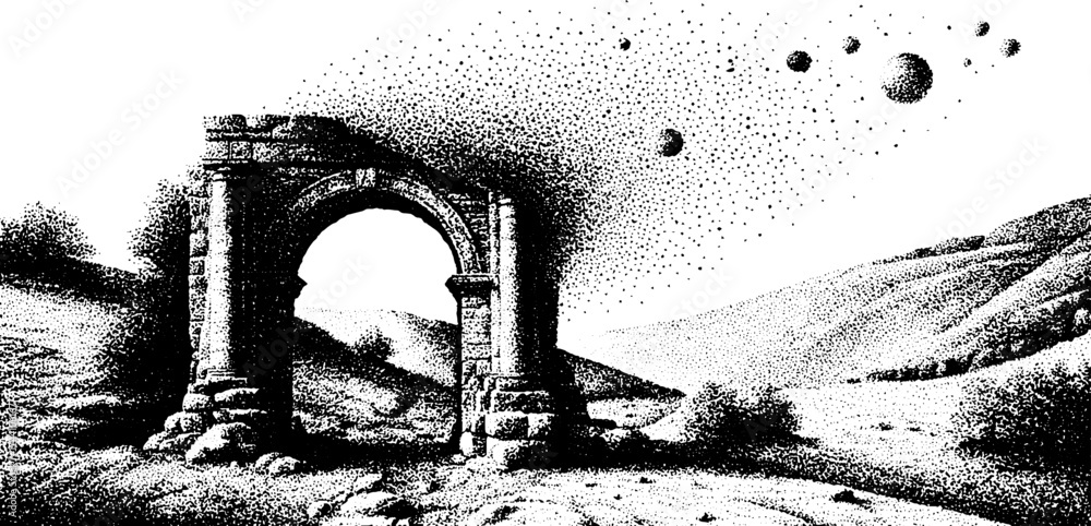Fototapeta premium Detailed dotwork stippling illustration of historical archway in open landscape