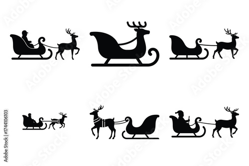 reindeer sleigh silhouette christmas vector icon set