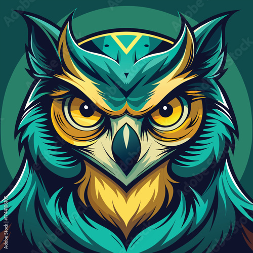 Stylized owl portrait with intense yellow eyes and teal feathers
