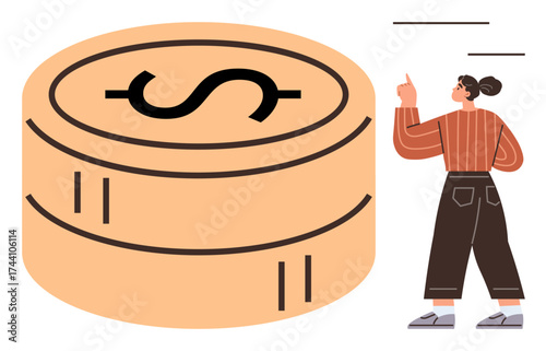 Large coin with a dollar symbol and a woman gesturing toward it, representing financial education, economics, and value. Ideal for money management, banking, saving, investment, budgeting financial