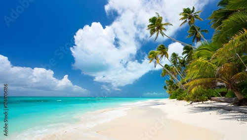 Fototapeta Naklejka Na Ścianę i Meble -  tropical beach with coconut palm trees and clear blue sea