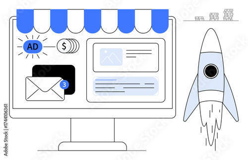 Computer screen displaying ads, email notifications, and coins under a shop banner with a rocket launching. Ideal for e-commerce, digital marketing, entrepreneurship, innovation, business growth