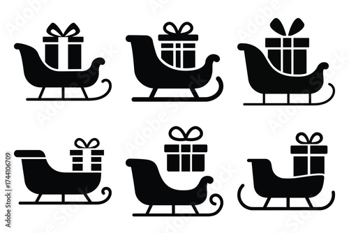 sleigh gift silhouette christmas vector icon set