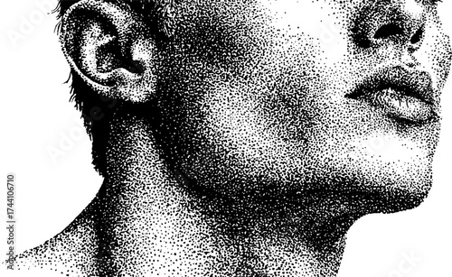 Detailed dotwork stippling illustration of cheekbones and collarbone in halftone effect