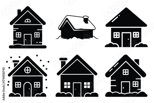 snow covered house silhouette christmas vector icon set