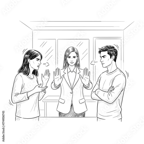 simple vector sketch illustration of a Woman mediating between two arguing individuals in office setting  