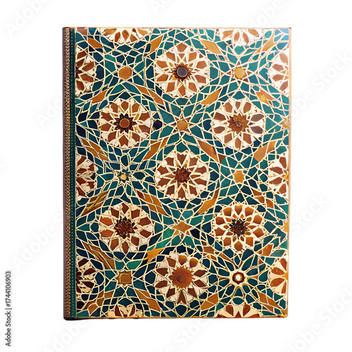 Book Cover With Intricate Geometric Mosaic Pattern In Gold And Teal Keywords: book cover, mosaic