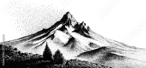 Intricate dotwork stippling illustration of a majestic mountain landscape