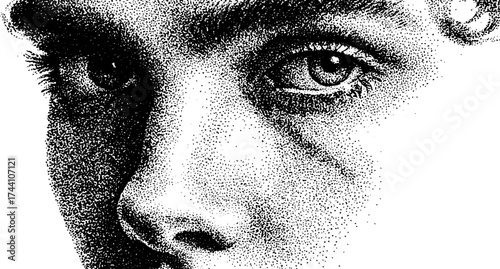 Intricate dotwork stipple portrait of a face in monochrome for design and art projects
