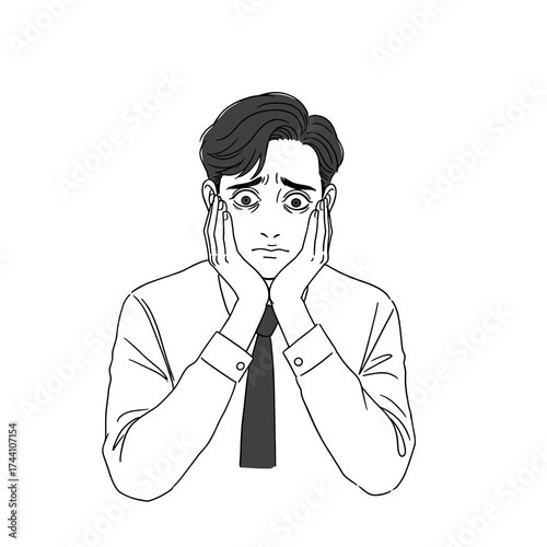 simple vector sketch illustration of a Young man looking stressed while holding his face in hands  