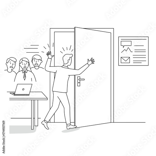 simple vector sketch illustration of a Employee walking out of a meeting in frustration with shocked faces behind in a modern office scene