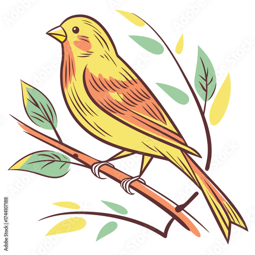 Cute yellow bird with orange accents perched on a branch with leaves
