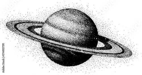 Vintage stipple dotwork illustration of saturn in a cosmic celestial scene for art and design