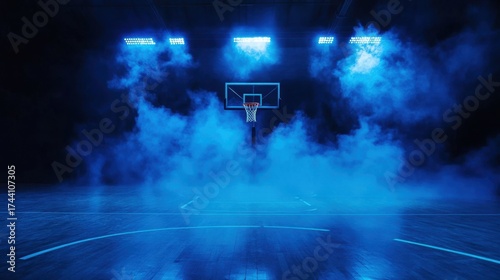 Dark and dramatic high school basketball court- illuminated by blue smoke and LED lights.