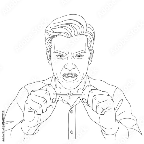 simple vector sketch illustration of a Angry man breaking a pencil with hands and showing frustration  