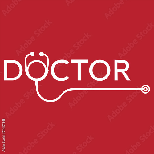 Doctor text with stethoscope logo on red background