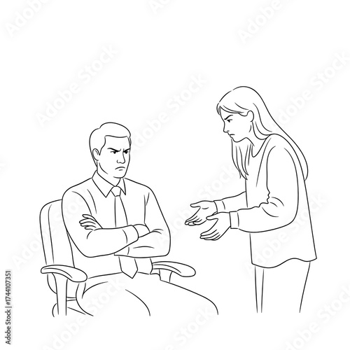 simple vector sketch illustration of a Employee defending their idea during a presentation with two colleagues arguing nearby in a meeting room