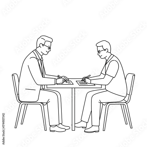 simple vector sketch illustration of a Boss and worker discussing a contract with tension at a table between them in a side view