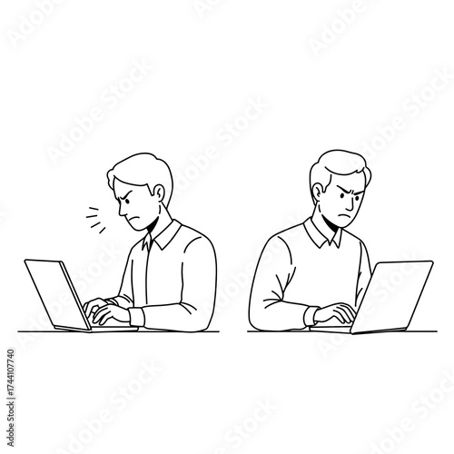 simple vector sketch illustration of a Coworkers typing angrily on laptops side by side with contrasting facial expressions in a neutral office background, digital communication conflict