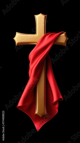 Golden Cross: A gold cross draped with a vibrant red cloth, symbolizing faith, sacrifice, and devotion against a stark backdrop, evoking reverence and contemplation.
