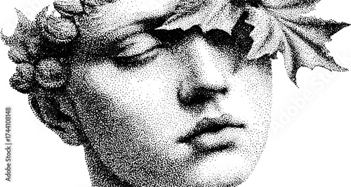 Stipple art: serene spirit with leaf adornment in dotwork style