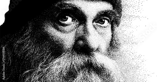 Intricate stipple dotwork portrait of a bearded figure with focused gaze