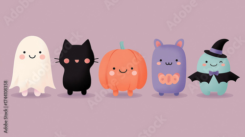 Kawaii style Halloween characters, friendly ghost, smiling pumpkin, cute black cat, happy bat, playful witch, flat design vector illustration, pastel color palette, orange purple and teal, clean lines