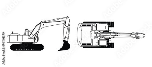 Excavator Vector, Construction Equipment, Multiple Views Set