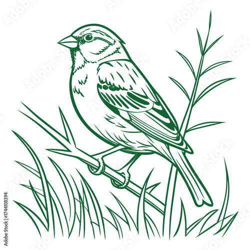Illustration of a small bird perched on a branch with grass and reeds