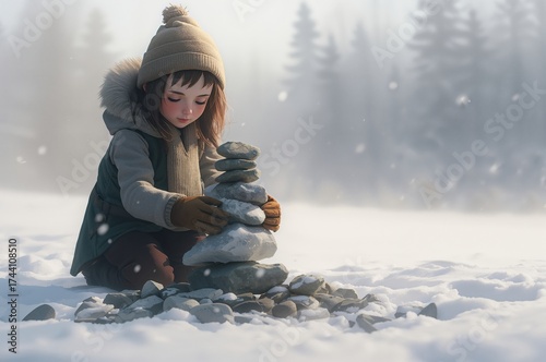 Peaceful winter moment as smiling figure builds stone cairn beneath falling snow