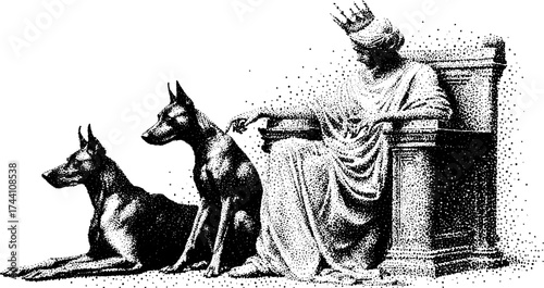 Detailed dotwork stippling illustration of hades with cerberus on a throne