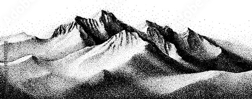 Detailed dotwork stippling illustration of mountain range with shadows