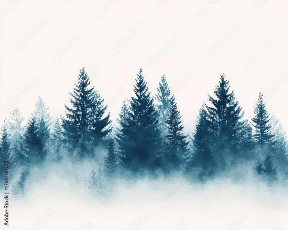 Fototapeta premium Soft watercolor effect of pine trees in mist, elegant and artistic tone