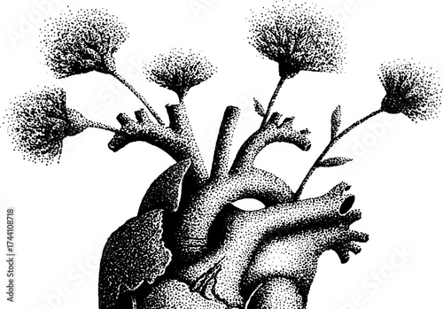 Intricate dotwork stippling of intertwined floral arrangement