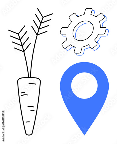 Carrot vector paired with a gear and a location marker signifies farming, innovation, logistics, and technology. Ideal for agriculture, sustainability, food delivery, maps, automation planning