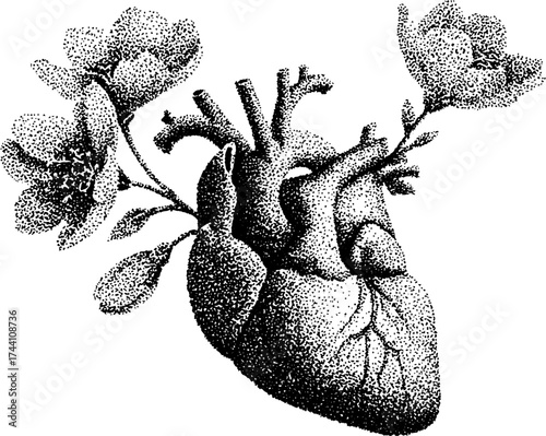 Intricate dotwork stippling of intertwined floral heart design for art projects