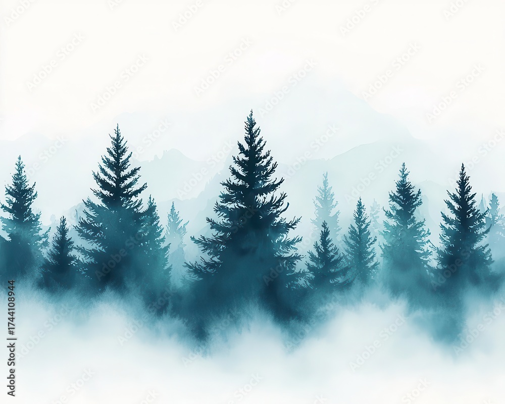 Fototapeta premium Soft watercolor effect of pine trees in mist, elegant and artistic tone