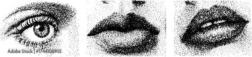 Detailed dotwork illustration of isolated eye and lips for artistic design