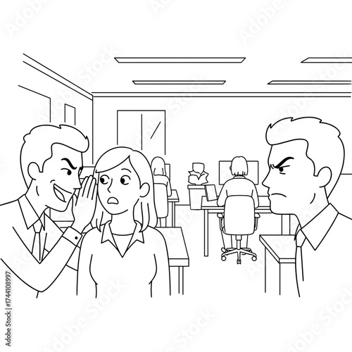 simple vector sketch illustration of a Coworker gossiping with a surprised expression while another looks angry in an open office layout