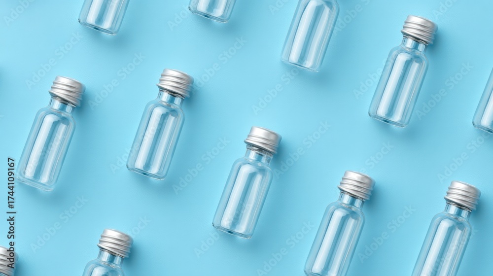 Naklejka premium Clear Glass Bottles with Metal Caps Arranged on a Blue Background Ideal for Packaging, Storage, and Creative Projects in Various Industries